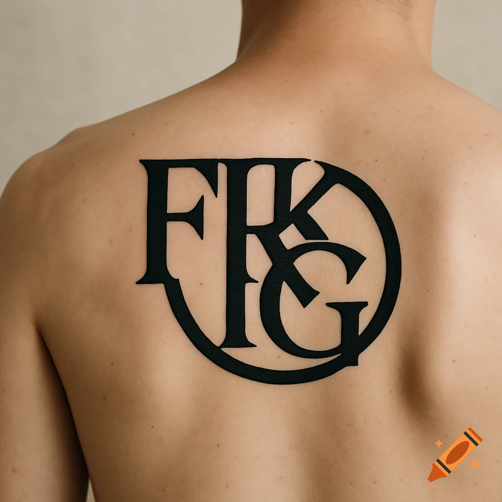A large black monogram tattoo with the letters F, R, K, and G on a person's upper back.