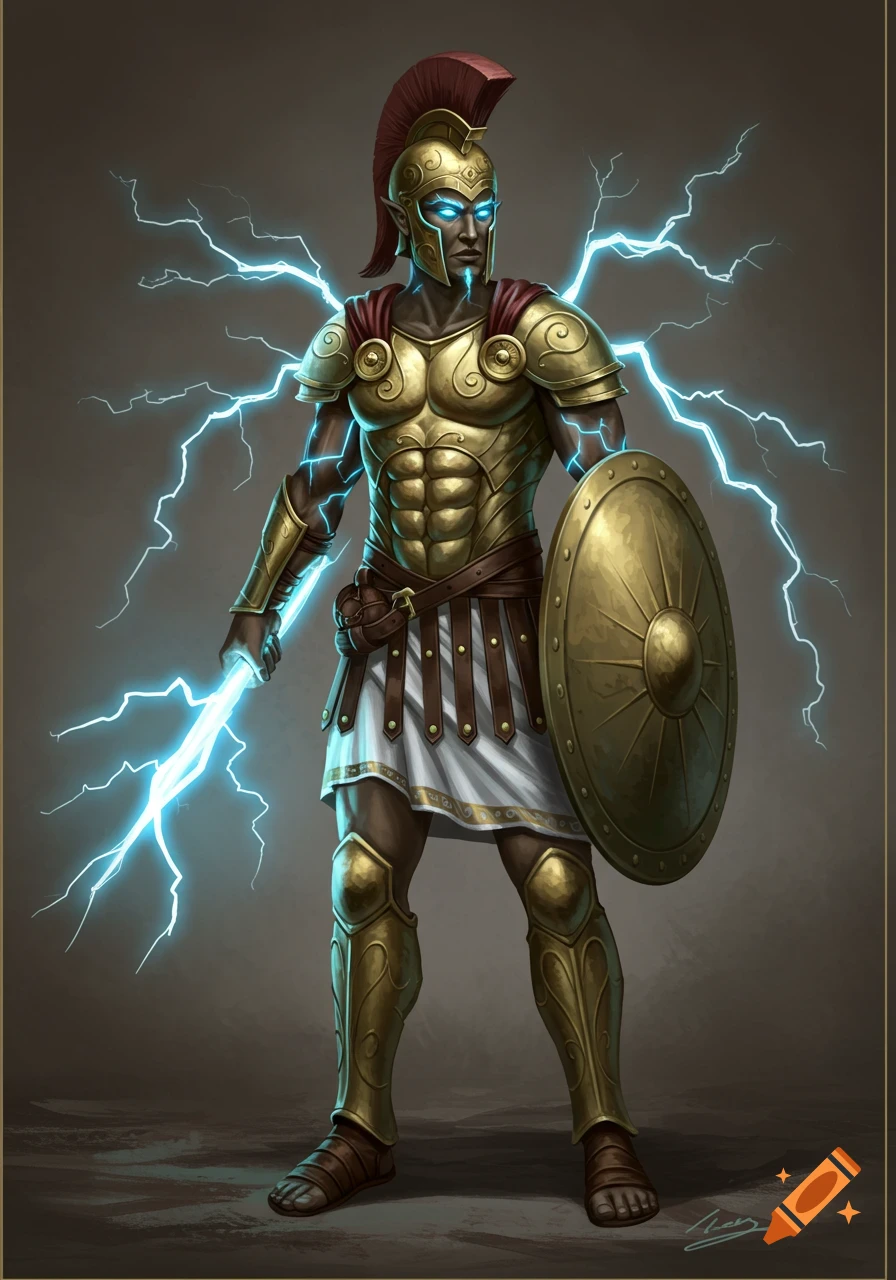 A dark-skinned warrior in golden Greek armor holds a shield and wields a lightning bolt.