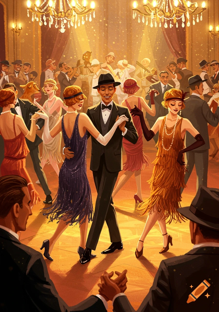 Illustration of people dancing in a ballroom during the 1920s. Dancers wear flapper dresses and suits.