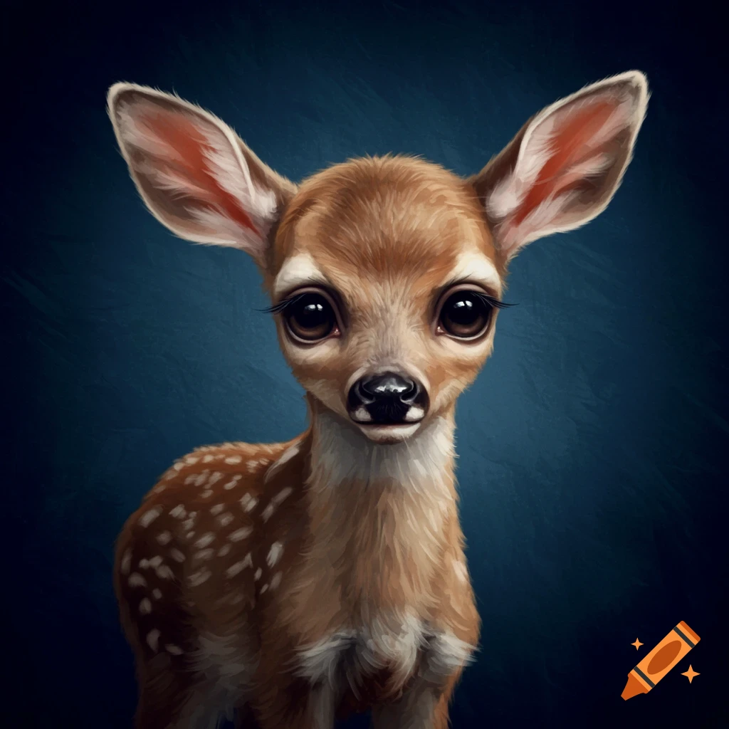 Close-up portrait of a baby deer with large, expressive eyes against a dark blue background.