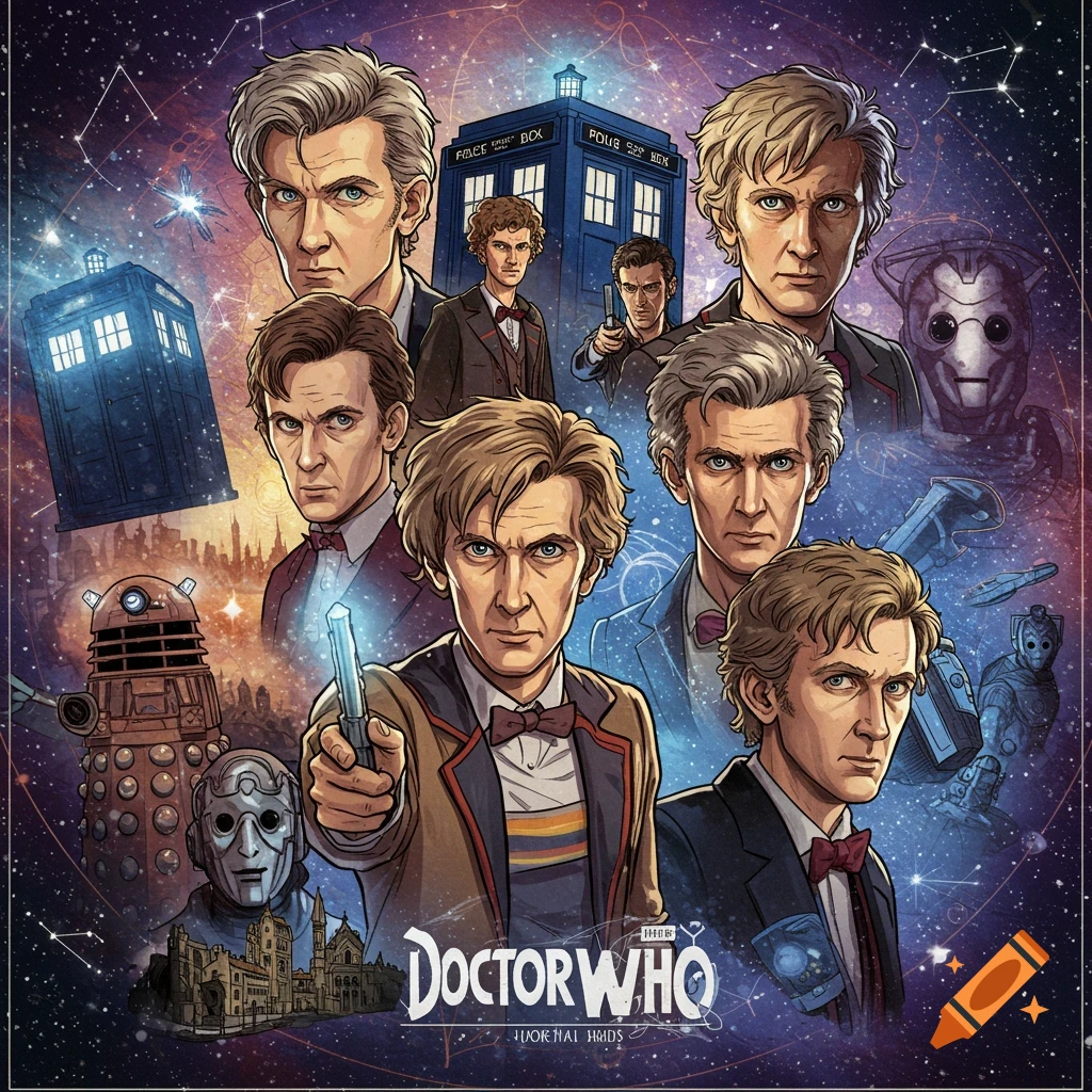 Illustrated collage of Doctor Who characters, TARDIS, Dalek, and Cyberman.