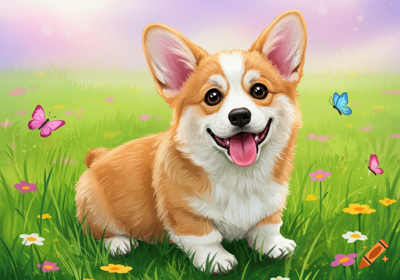 A cute Corgi puppy sits smiling in a sunny, grassy field filled with flowers and butterflies.