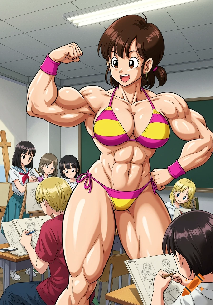 Muscular woman in bikini poses for an art class of students drawing her in anime style.