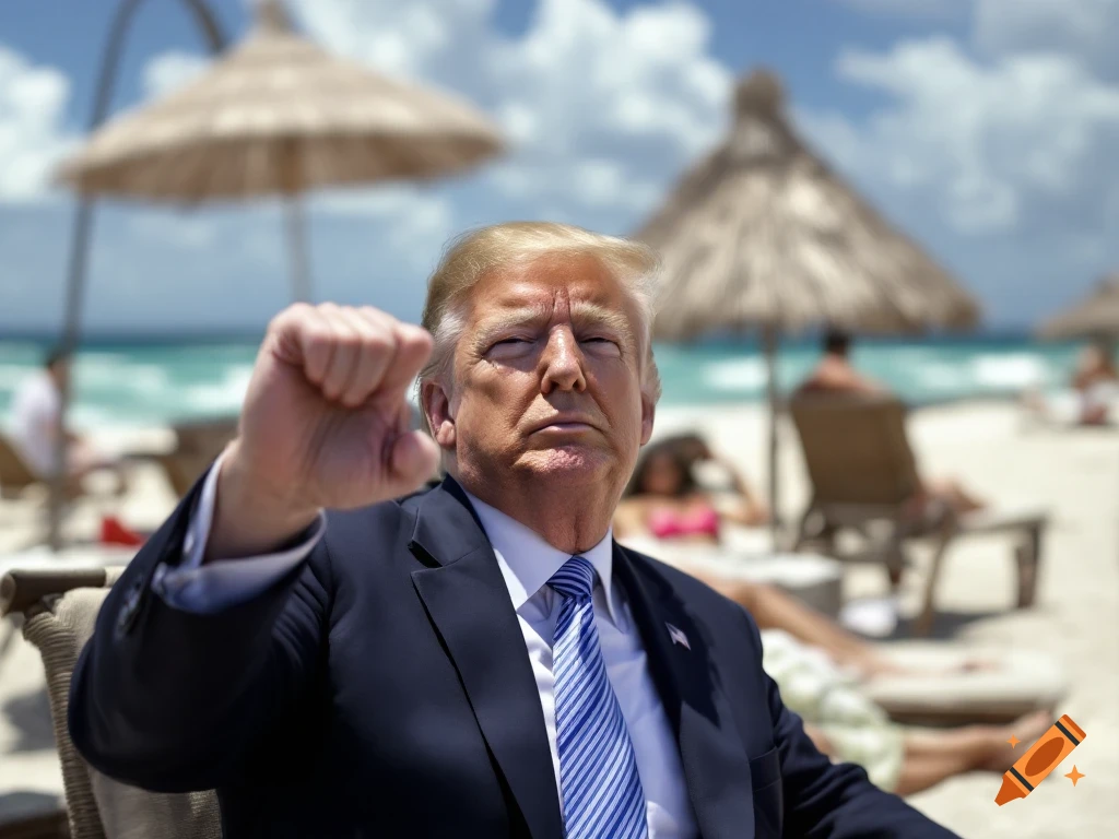 Man resembling Trump in a suit making a fist on a sunny beach