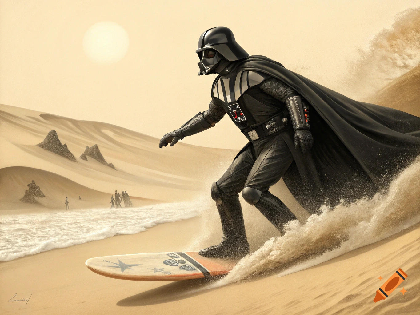 Painting of Darth Vader surfing down a sand dune towards the ocean.