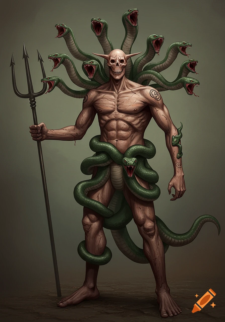 A muscular creature with a skull head and multiple snake heads, wrapped in snakes, holding a trident, digital art