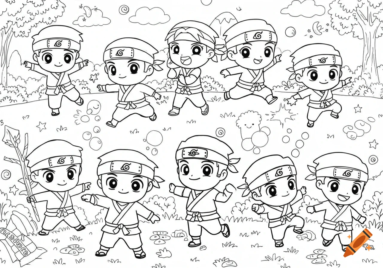 A coloring page with many chibi ninjas in various poses.