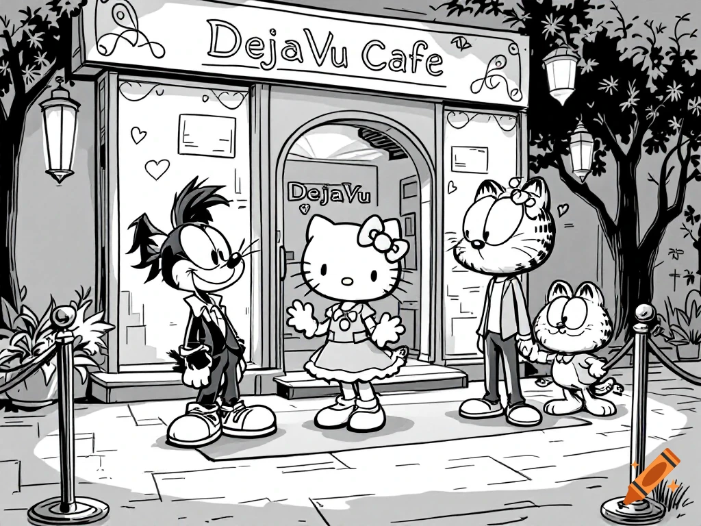 Four cartoon characters, Felix, Sylvester, Hello Kitty, and Garfield, stand outside DejaVu Cafe in black and white line art.