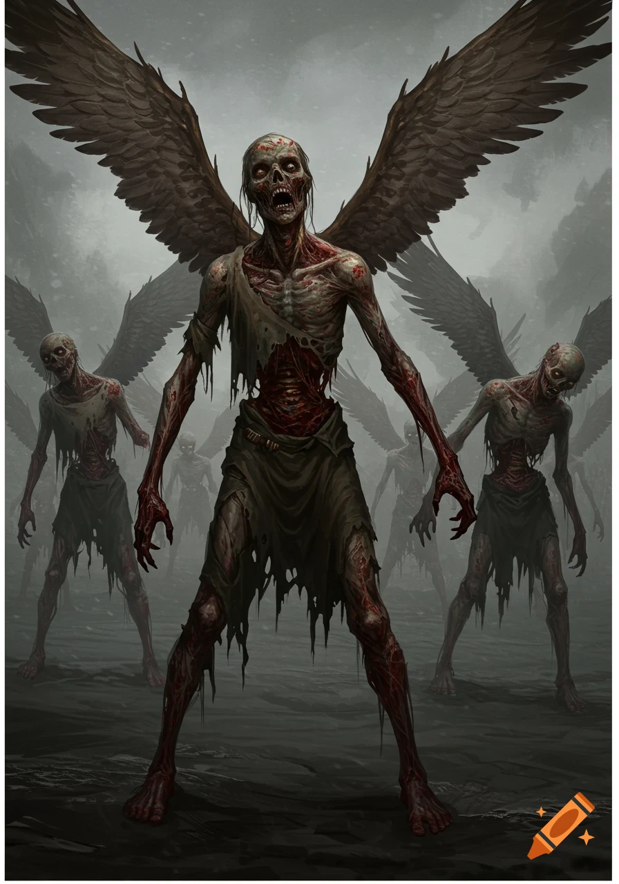 A group of winged zombies with torn flesh stands in a dark, misty landscape.