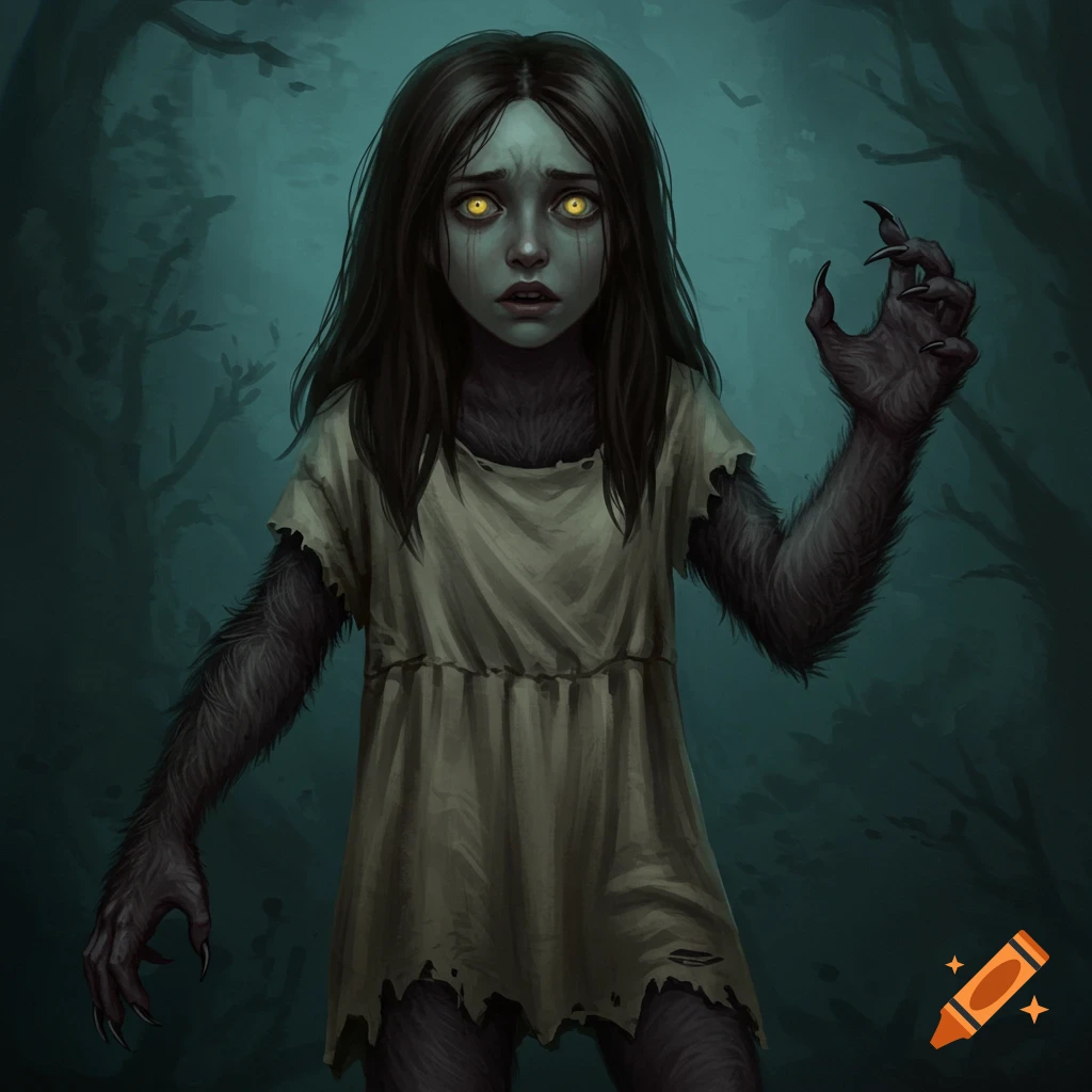 Illustration of a young girl transforming into a werewolf in a dark forest.
