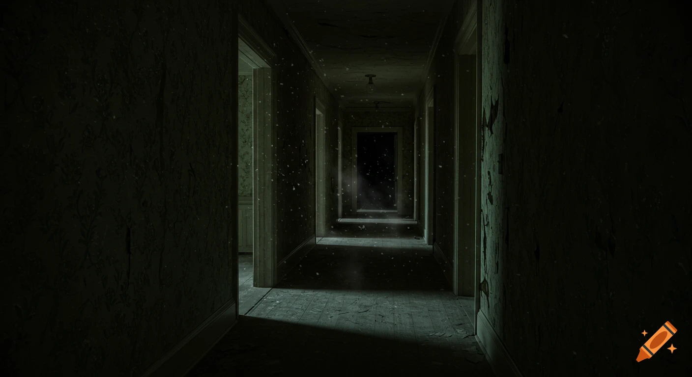 A dark, dusty hallway in an abandoned house, light at the end.
