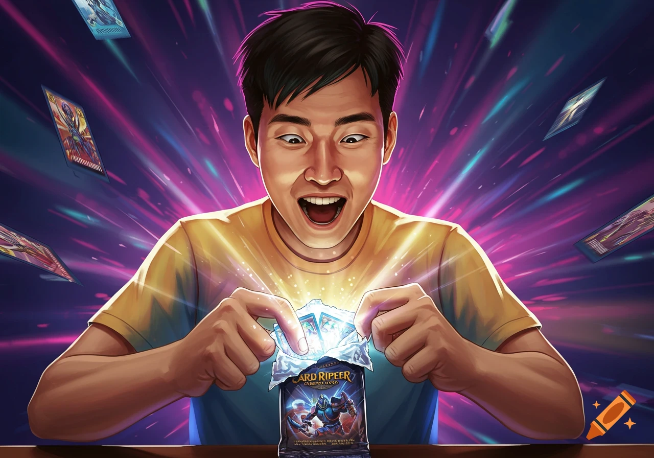 An illustration of a person excitedly opening a trading card pack with cards floating around.