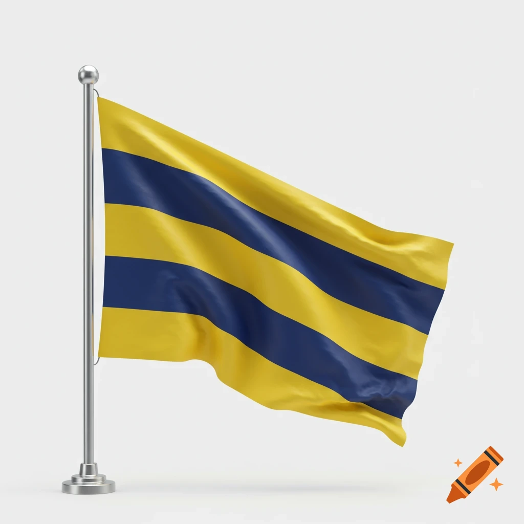 A yellow and blue striped flag on a silver pole with a base, rendered against a white background.