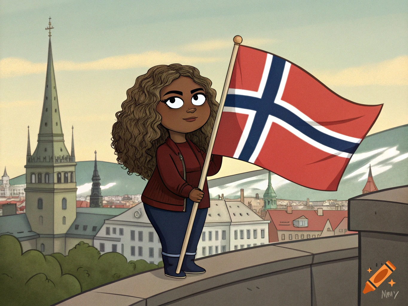 A stylized cartoon person holds a Norwegian flag overlooking a city skyline.