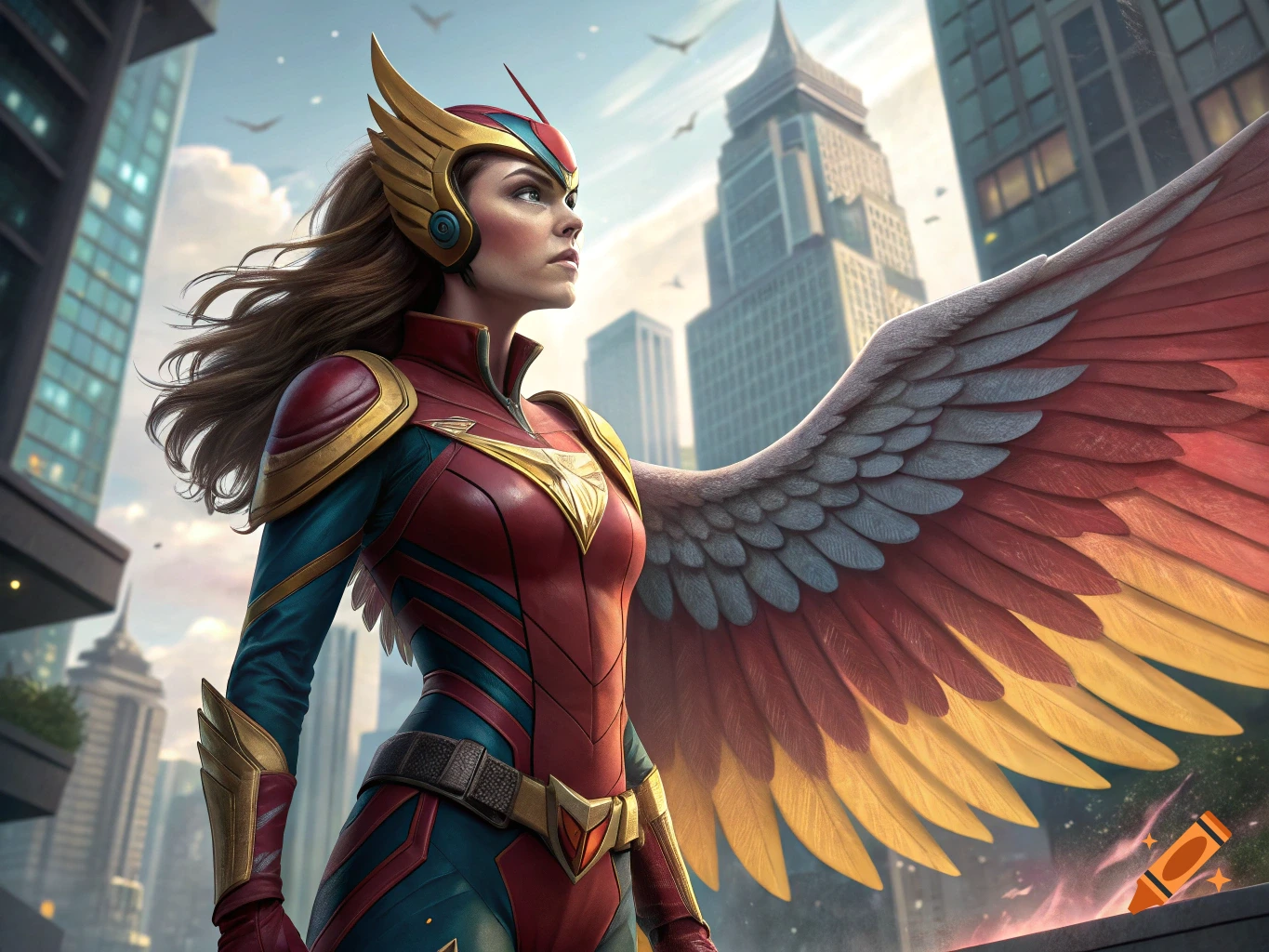 A superhero woman with large red and gold wings stands in a city. on ...