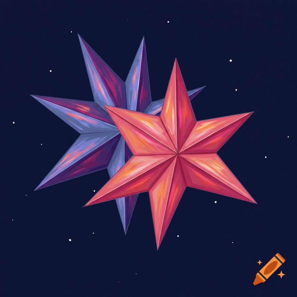 Two overlapping seven-point stars, one red, one blue, against a dark blue background with small white dots.