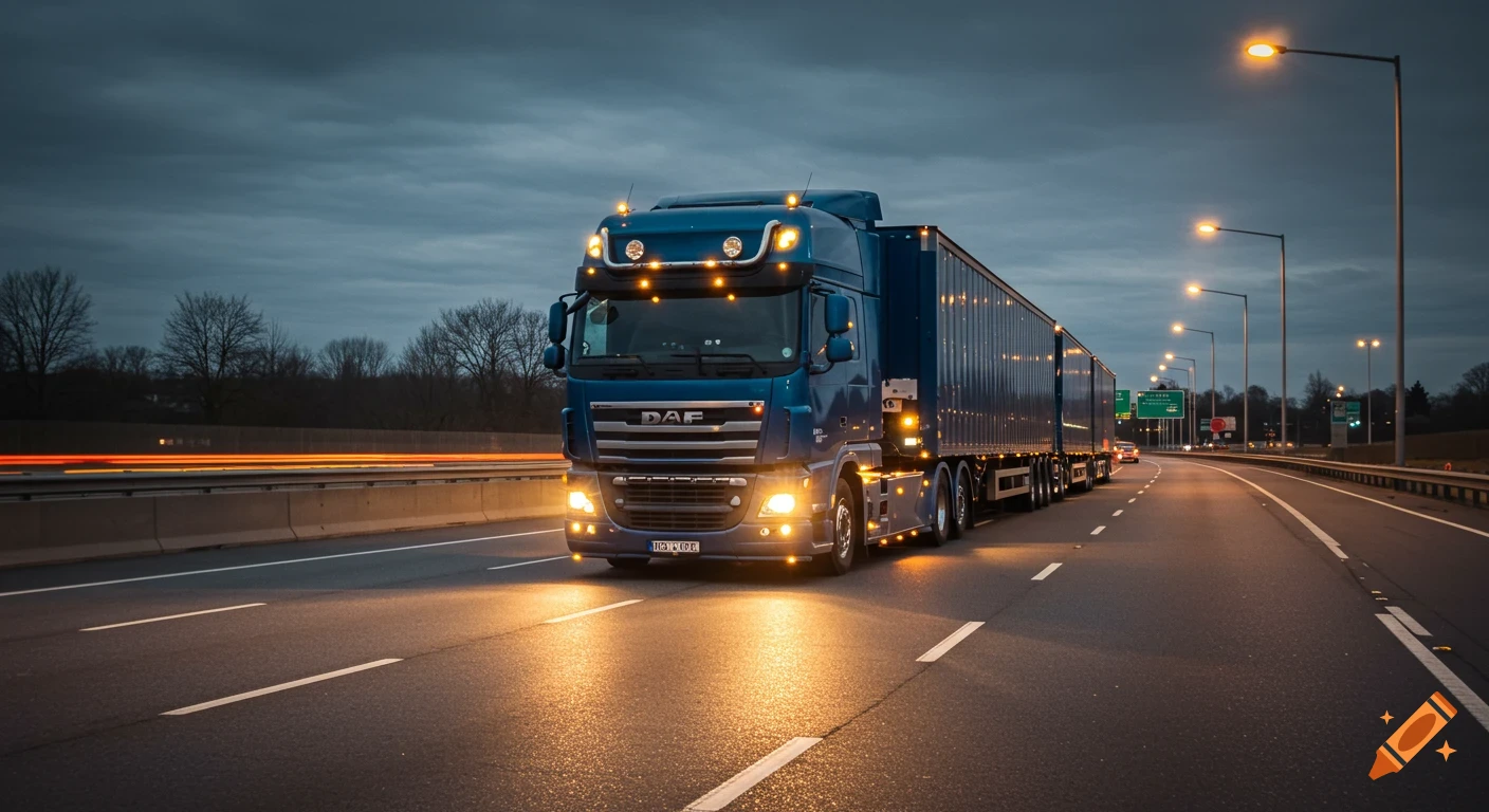 A large blue semi-truck drives on a highway at dusk with lights glowing.