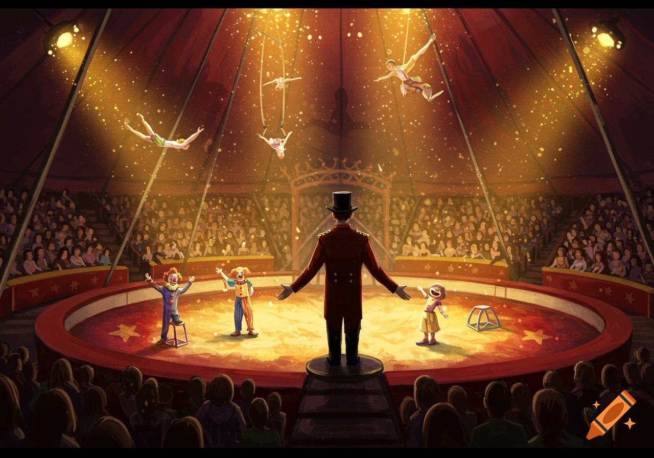 An illustration of a circus show with a ringmaster, clowns, trapeze artists, and a large audience under a big top.