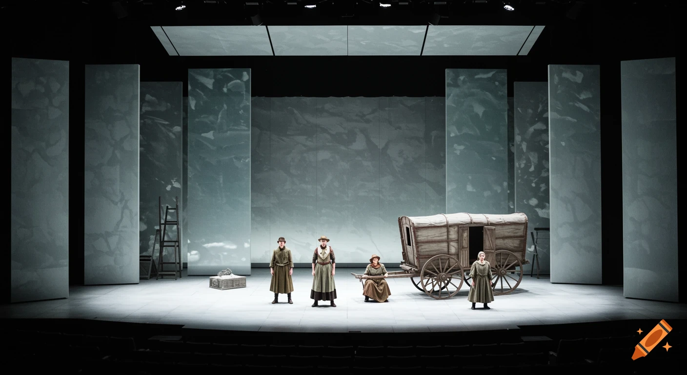 A theatre stage set with actors in period clothing next to a large covered wagon.