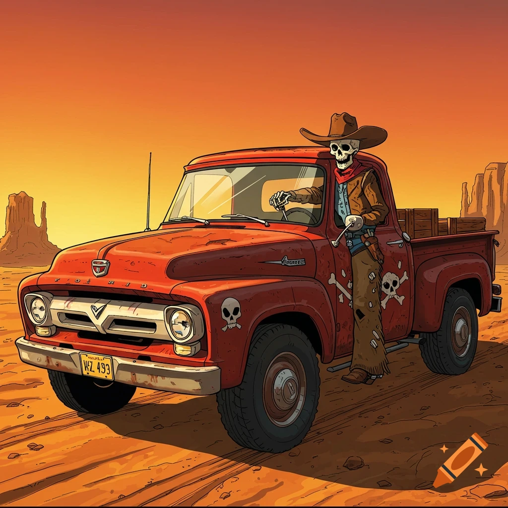 Illustration of a skeleton cowboy in a hat and chaps standing next to a red Ford pickup truck in a desert.