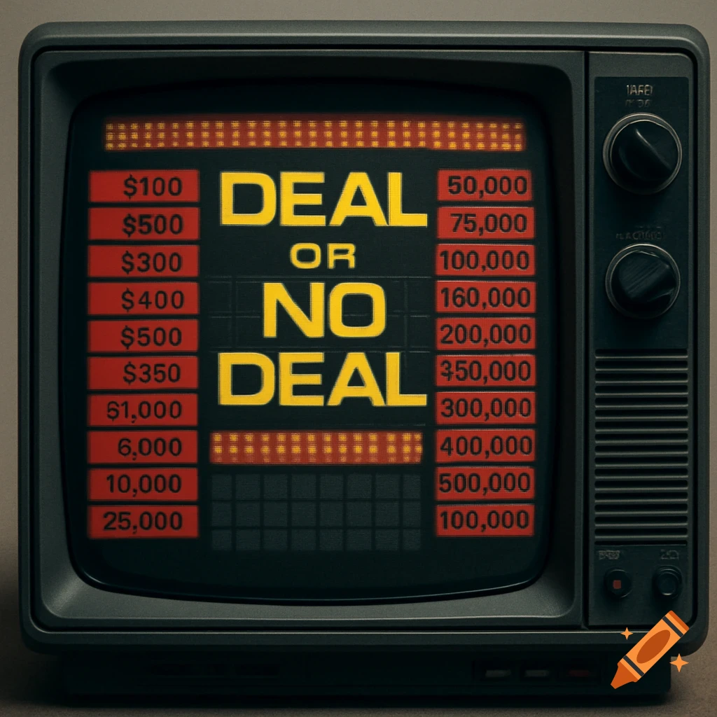 A retro television displays a game show board that says 'DEAL OR NO DEAL' with monetary values listed on either side.