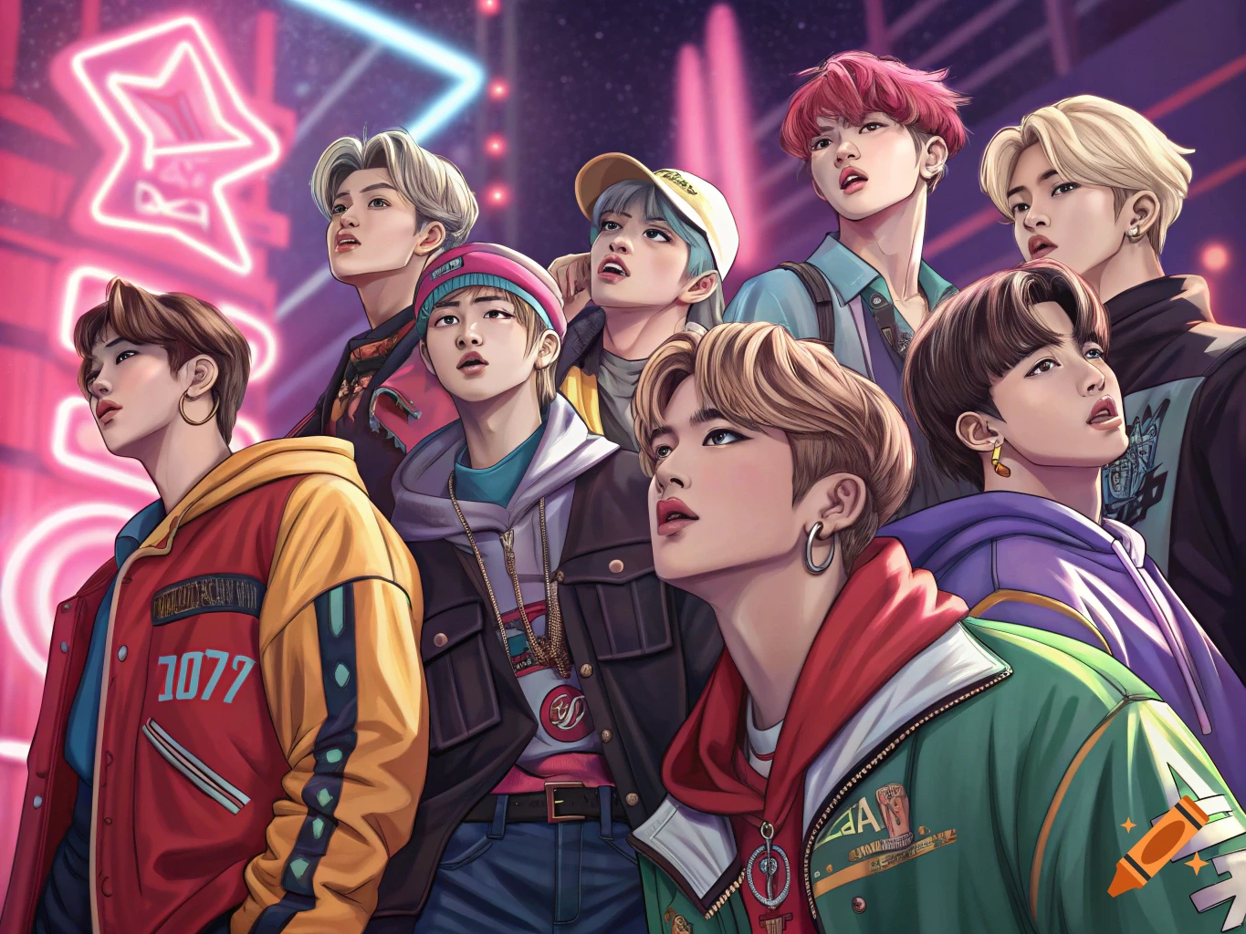 Stylized illustration of a group of young men in vibrant streetwear against a neon cityscape.