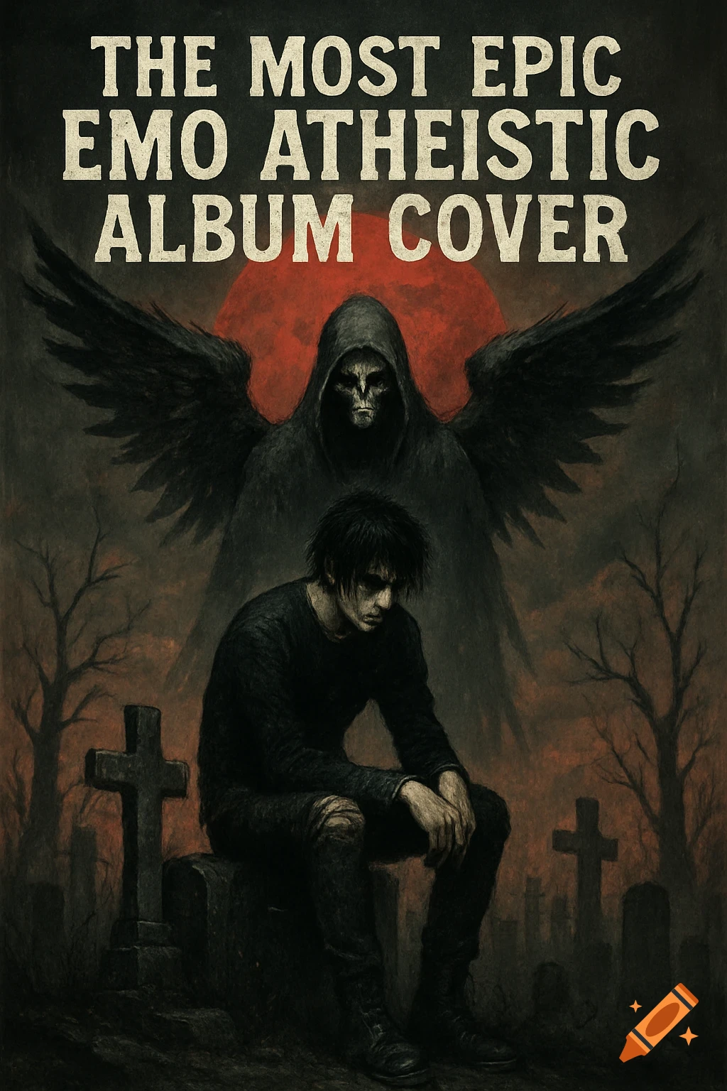 An emo figure sits on a tombstone in a graveyard, watched by a hooded skeletal figure with wings under a red sun. Text reads 'THE MOST EPIC EMO ATHEISTIC ALBUM COVER'. Dark art style.