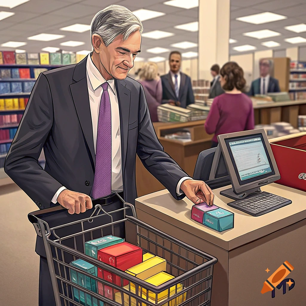 Man in suit buys colorful boxes at a store checkout counter