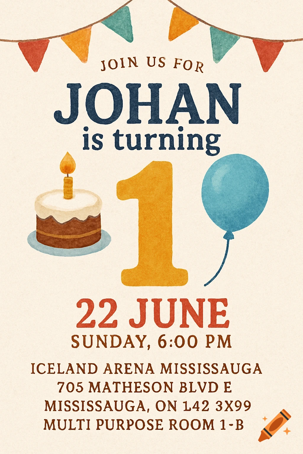 Watercolor birthday invitation card with cake, number 1, and balloon