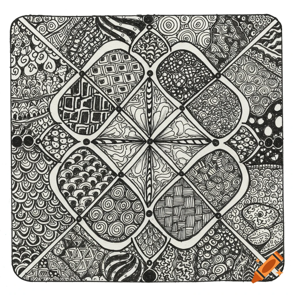 Black and white square zentangle pattern