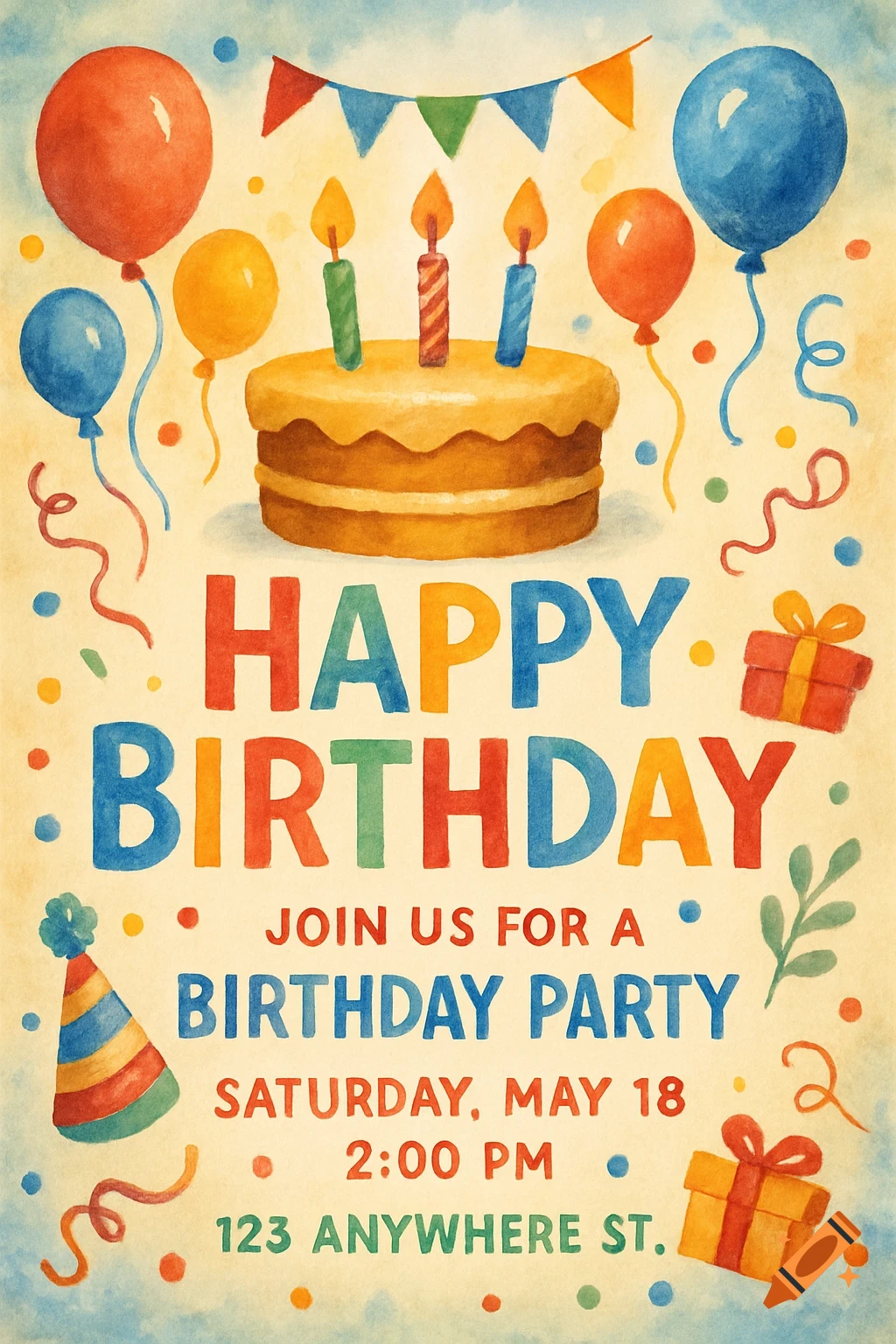 Watercolor birthday invitation with cake, candles, balloons, gifts, and text saying "Happy Birthday Join Us For a Birthday Party".