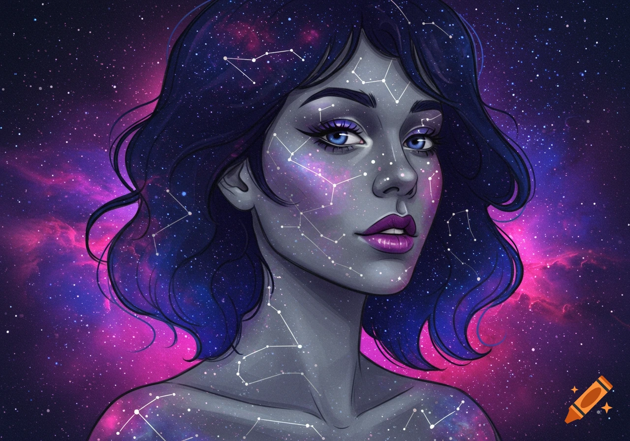 Stylized portrait of a woman with constellations on her skin and hair against a galaxy background.