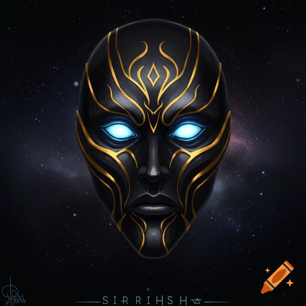 A black mask with glowing blue eyes and gold patterns floats in space.
