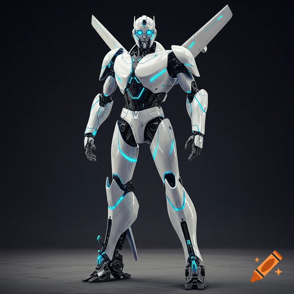 A sleek white robot with blue glowing accents stands against a dark background.
