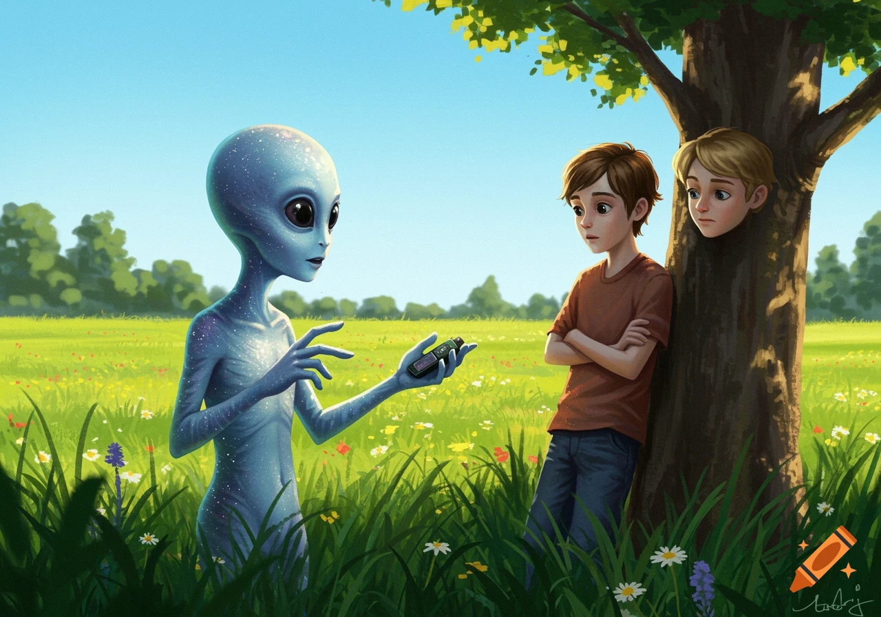 A blue alien shows a device to two boys in a sunny field.