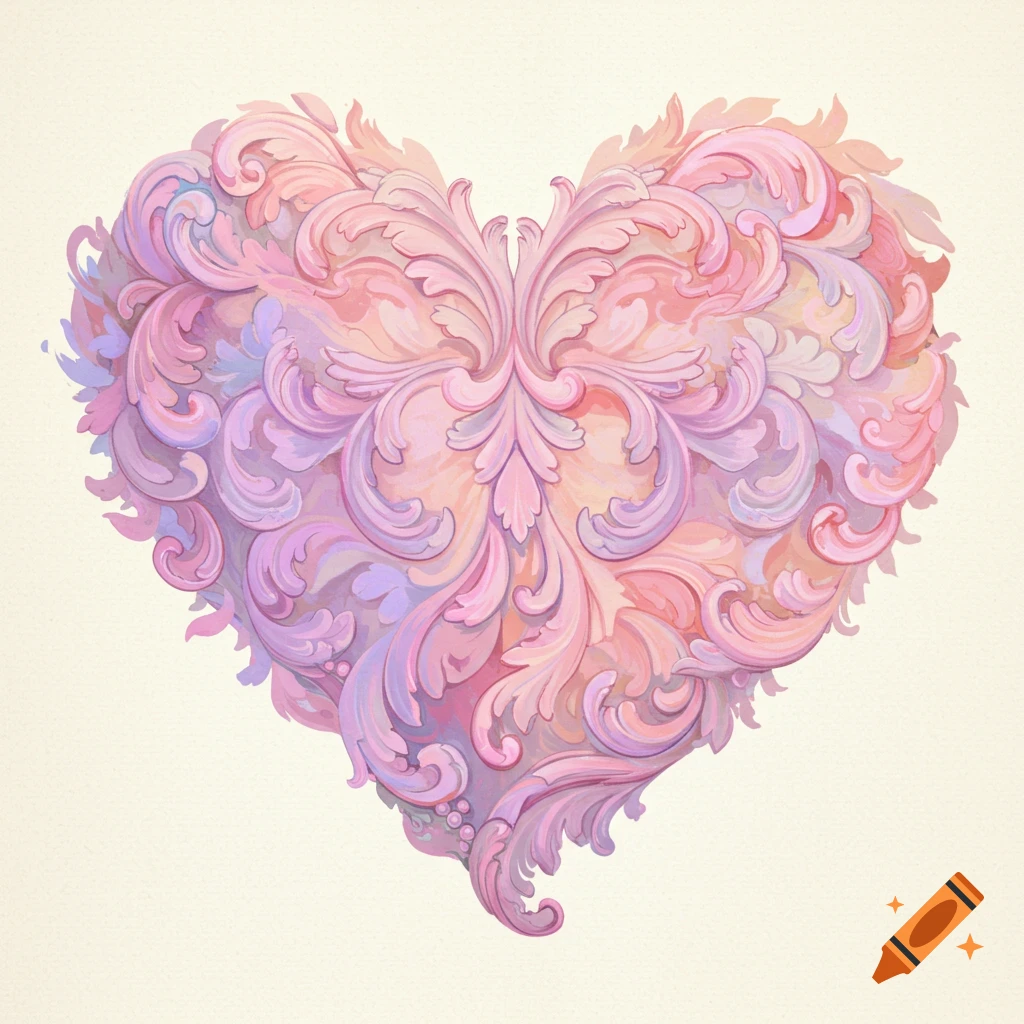 A heart-shaped design made of pink and purple rococo style scrolls and leaves in pastel colors.