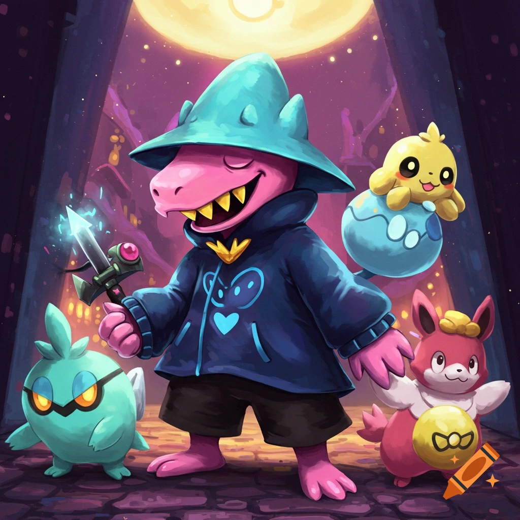 A stylized pink reptilian character in a teal hat and dark hoodie with a glowing sword stands among creature companions in a magical street scene.