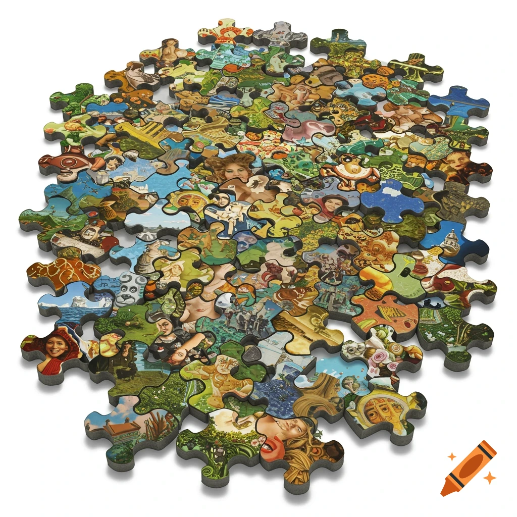 A complete jigsaw puzzle where each piece features a different image, creating a collage effect.