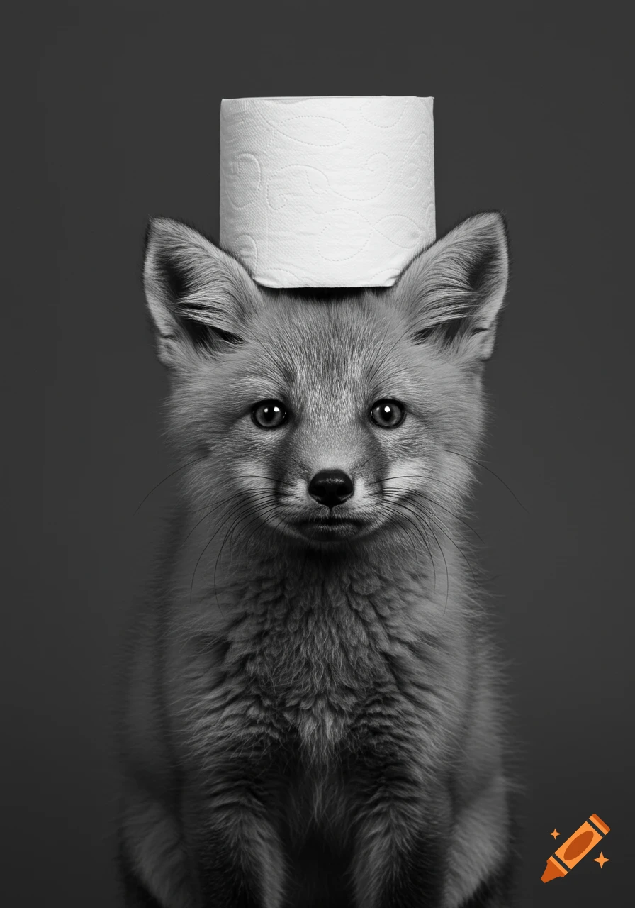 Black and white portrait of a fox cub with a roll of toilet paper on its head