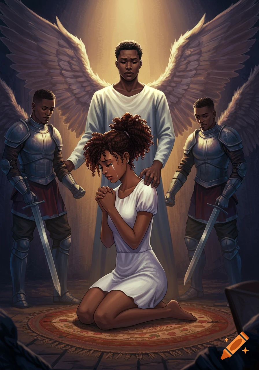 Anime-style illustration of a Black woman kneeling in prayer as a large winged angel and two armored angels stand behind her.