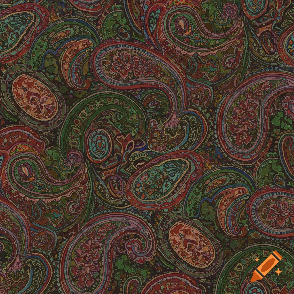 A colorful, textured paisley pattern with red, green, and blue swirls.