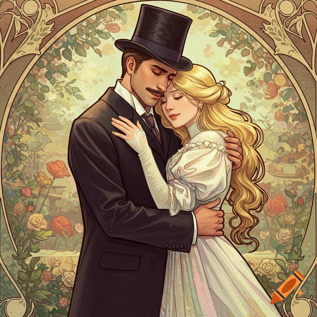 Illustration of a man in a top hat embracing a woman in a white dress, set against a floral background in an art nouveau style.