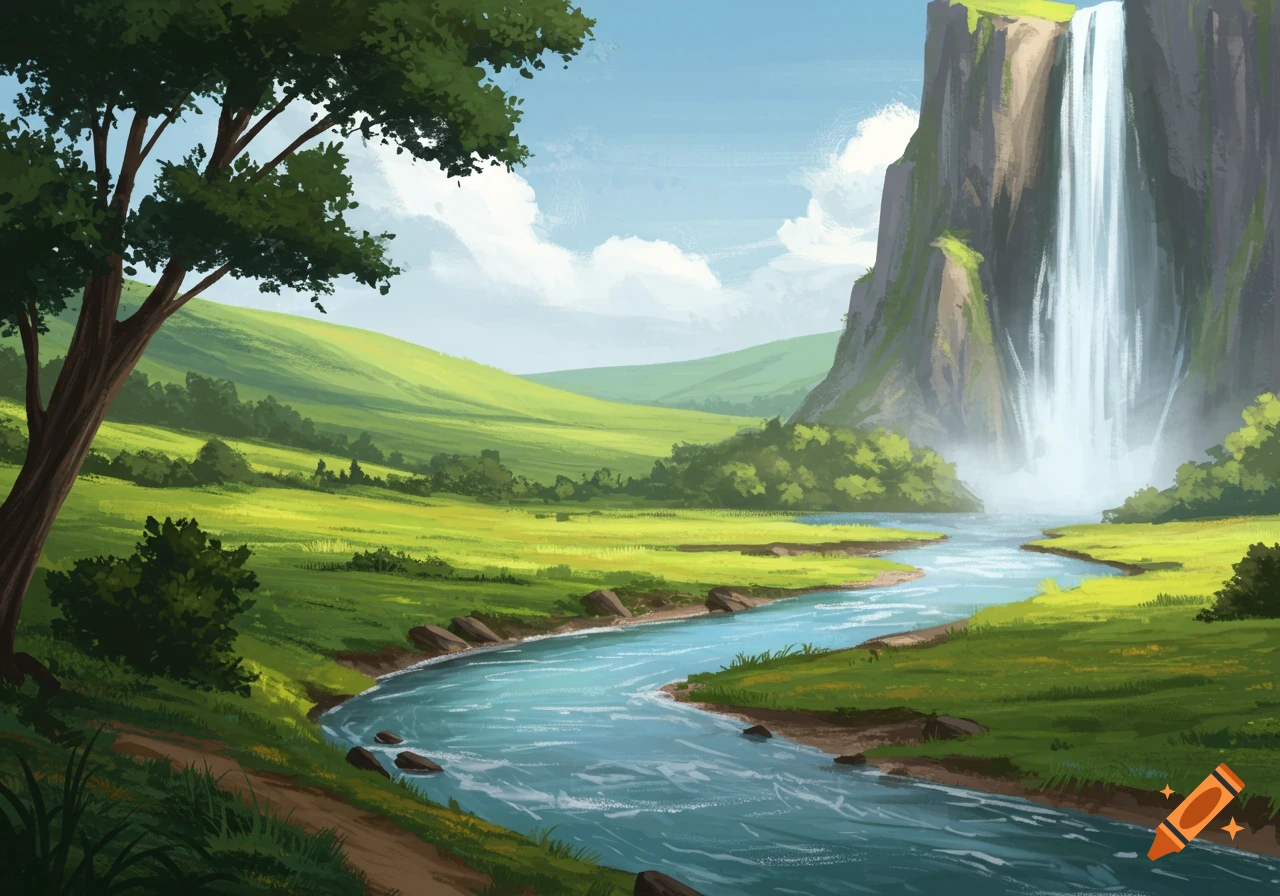 Digital painting of a river flowing through a lush green valley towards a tall waterfall cascading down a cliff.