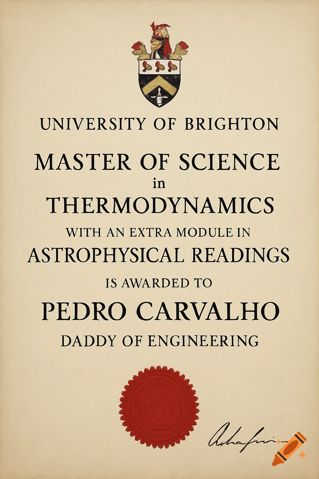 Master of Science certificate from the University of Brighton in Thermodynamics and Astrophysical Readings awarded to Pedro Carvalho.