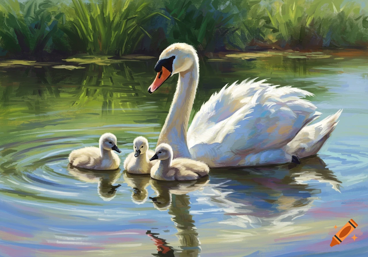 An impressionistic painting of a mother swan swimming with three cygnets in a pond.