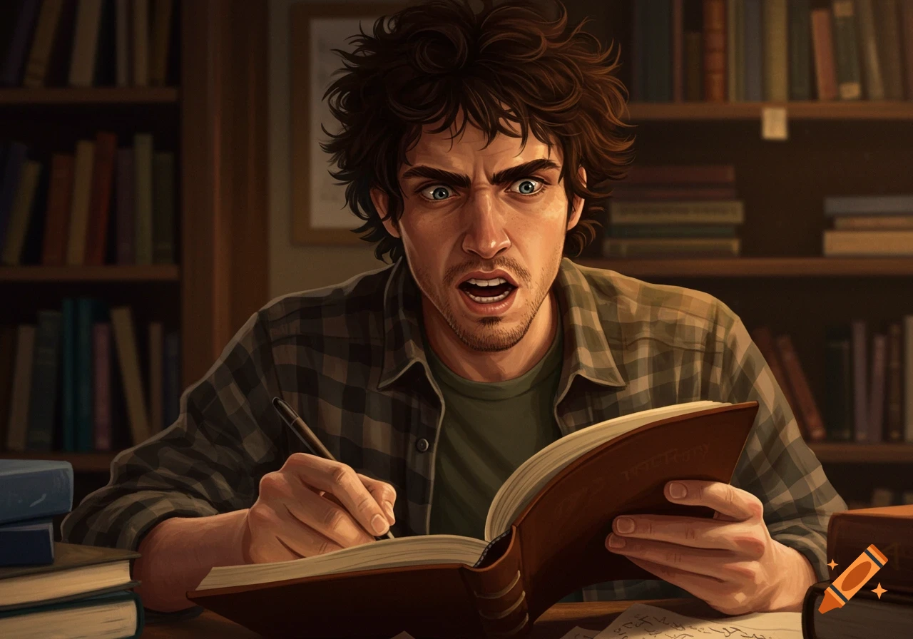 An illustration of a young man with messy hair studying intensely at a desk with books, looking surprised or stressed while writing in a notebook.