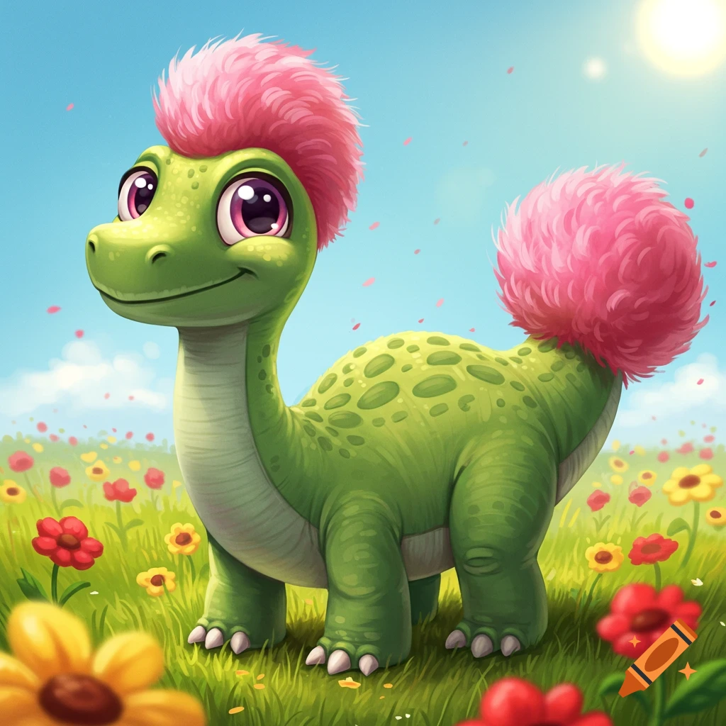 A cute green cartoon dinosaur with pink fluffy hair and tail stands in a field of colorful flowers under a sunny sky.