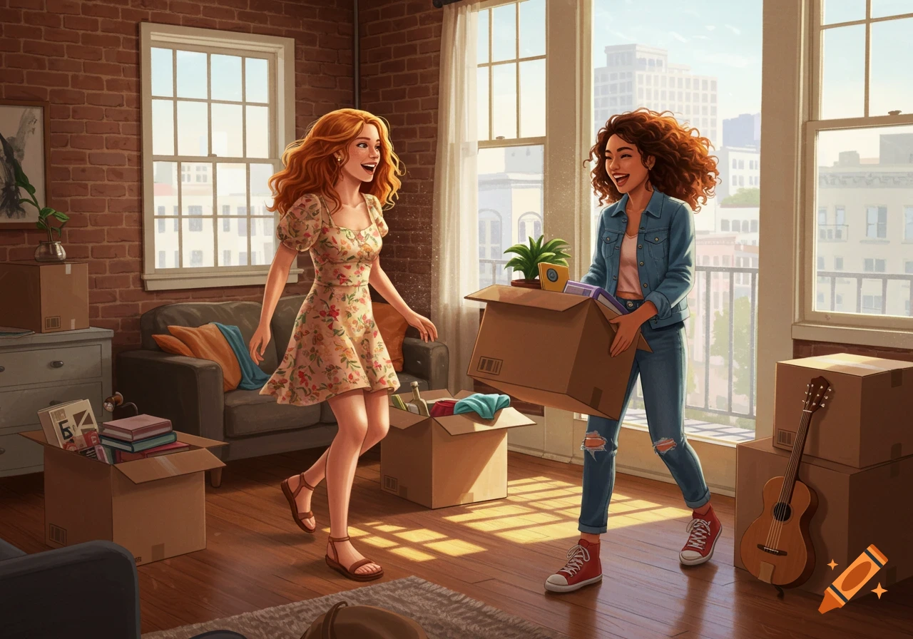 Two women moving boxes into a sunlit apartment with cardboard boxes and furniture, illustration.