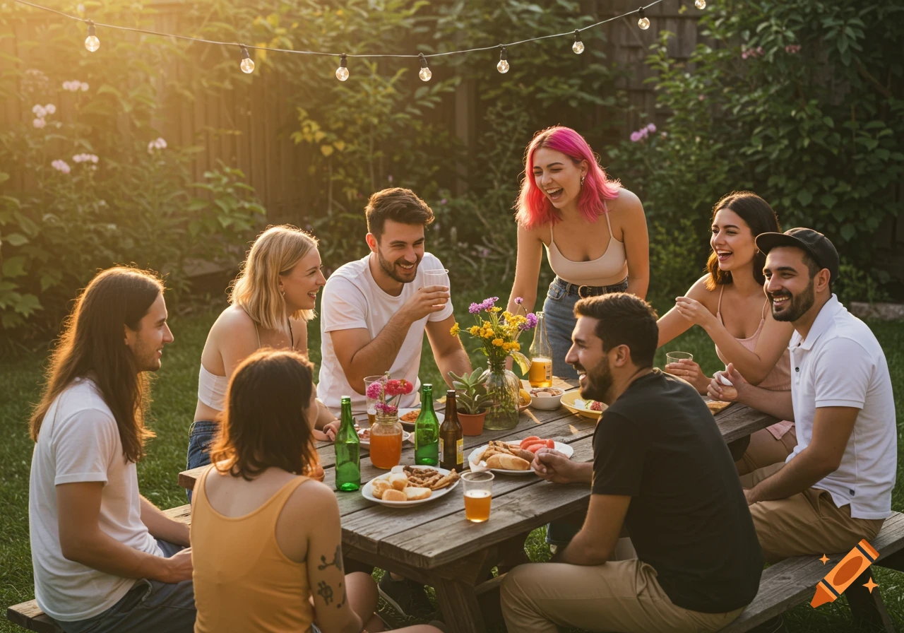 Friends eating and laughing at an outdoor table during sunset.