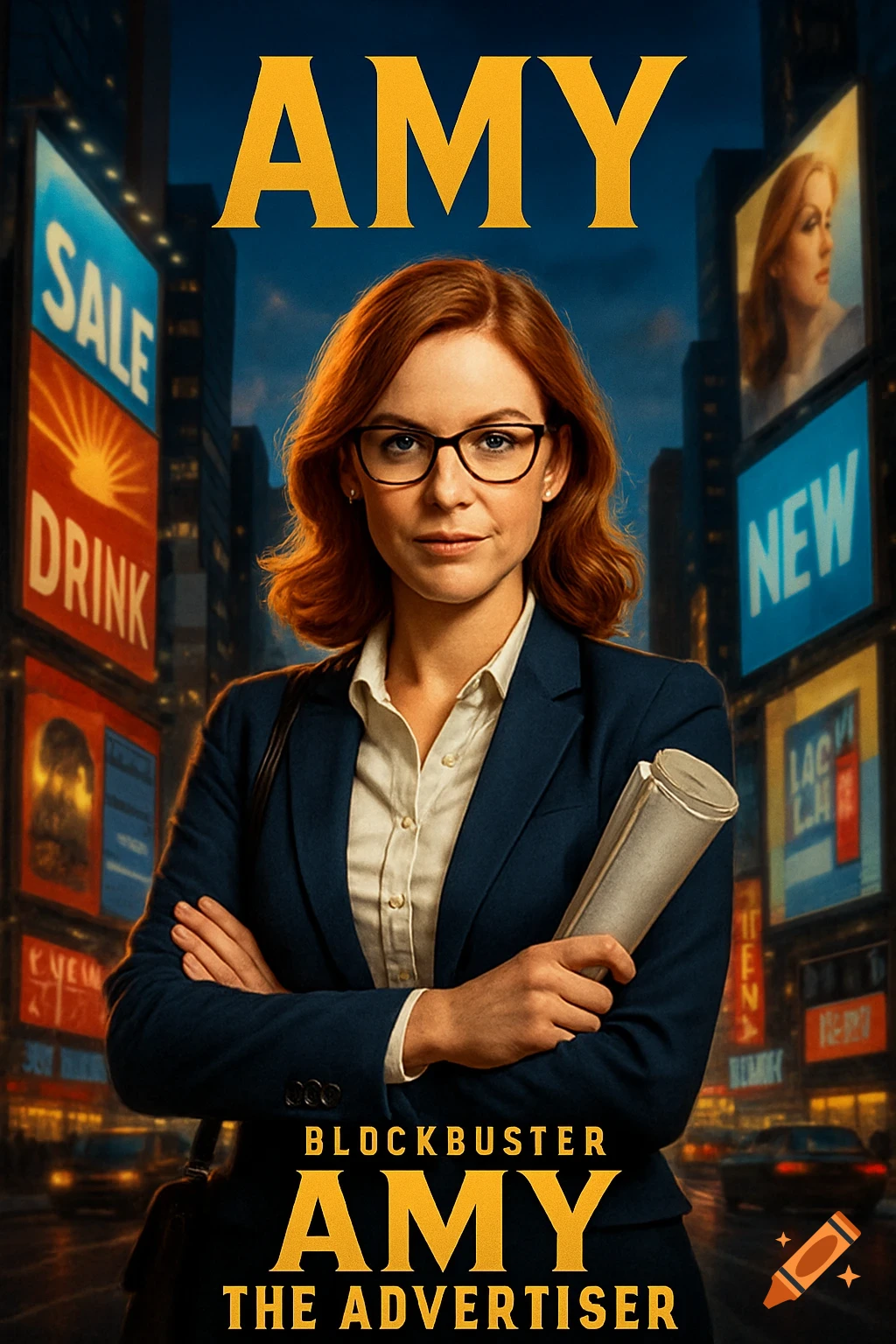 A professional-looking woman in glasses stands against a city backdrop with billboards in a movie poster titled "AMY THE ADVERTISER".